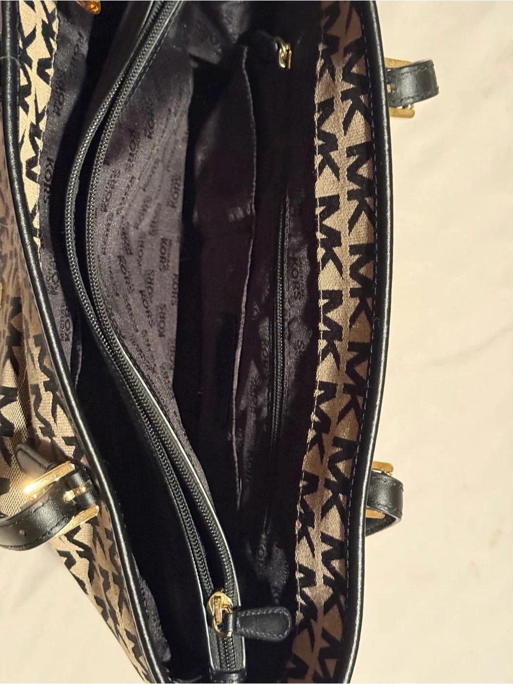 Michael Kors Beige and Black MK Logo Canvas Tote
